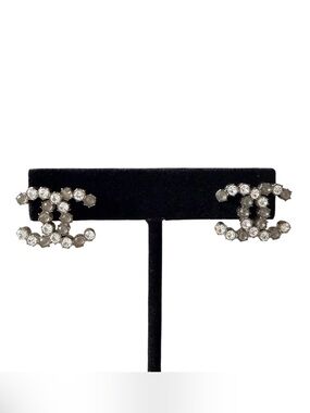 Chanel Silver Crystal CC Logo Stud Earrings B15